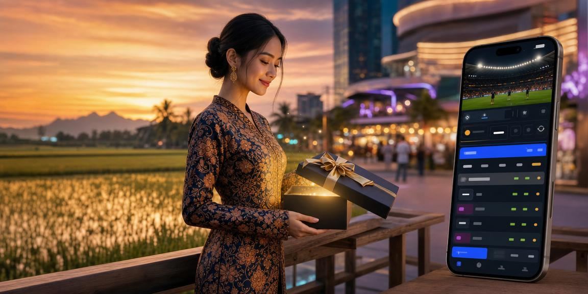 Pengguna menggunakan aplikasi kasino mudah alih di Kedah berbaju batik dengan suasana santai