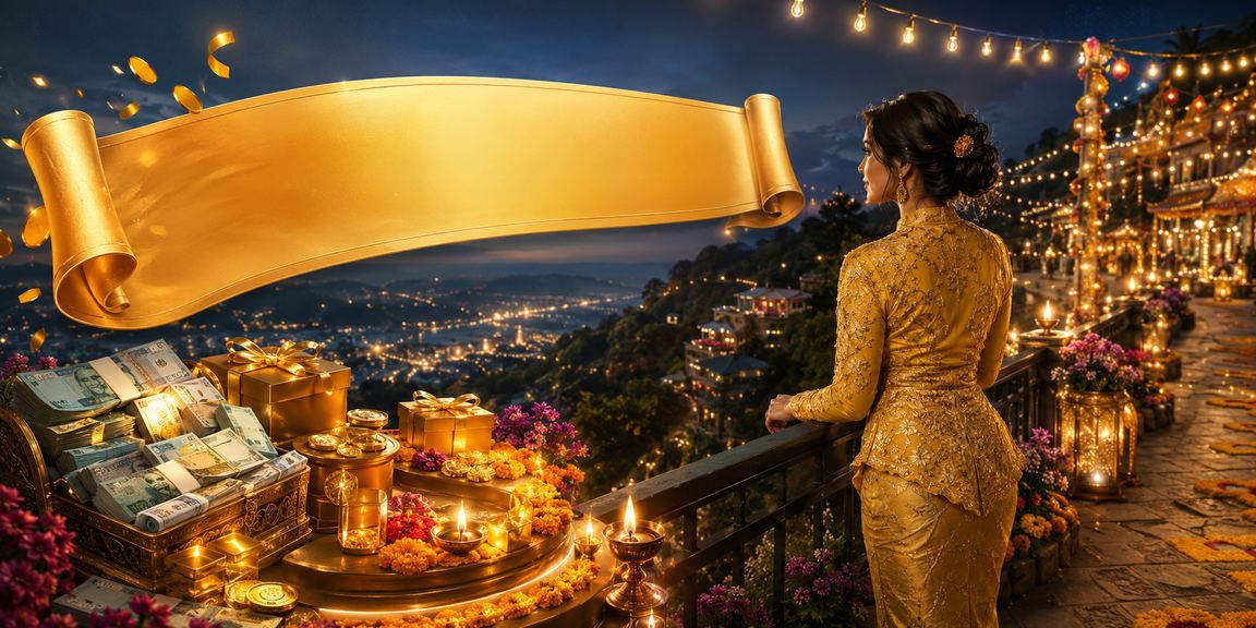 Pengguna Malaysia menikmati bonus cashback winbest dengan pakaian kebaya yang elegan